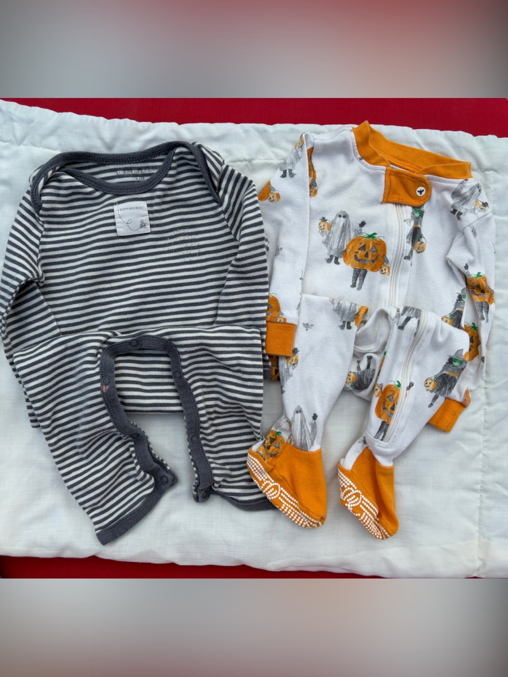 2 Burts Bee’s Baby Gray Striped Baby Bodysuit & Orange Pumpkin Footed Pajamas